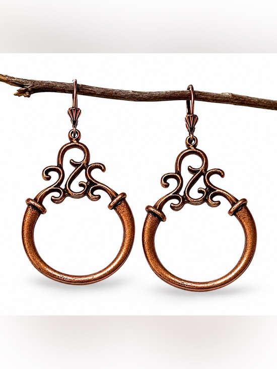 Artisan Jewelry - Copper Scrollwork Hoop Earrings - Statement Boho Jewelry